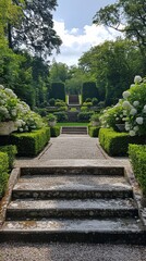 Stone Steps Leading Upwards Through a Lush, Green Garden