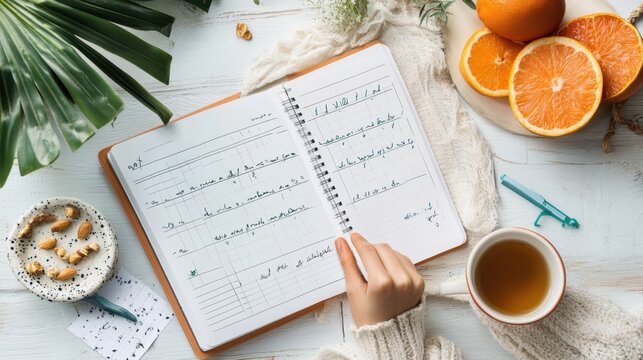 A planner open on a desk, with daily healthy habits like meal prep and workout schedules written down.