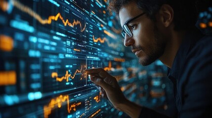Businessman analyzing financial data and charts with a digital interface