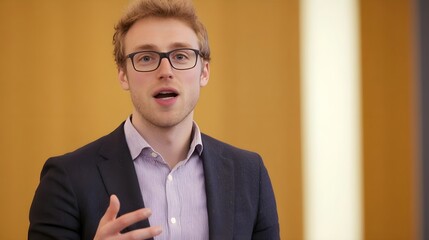 A confident young man speaks passionately in a professional setting, portraying engagement and charisma in his expression.