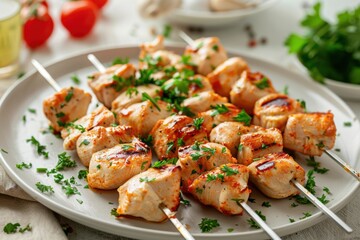 Chicken kebab platter garnished with fresh parsley