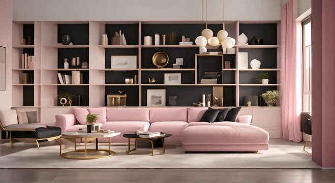 A sleek minimalist built in shelving unit painted black displaying a curated selection of white and pink books gold picture frames and black ceramics 4k animation