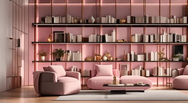 A sleek minimalist built in shelving unit painted black displaying a curated selection of white and pink books gold picture frames and black ceramics 4k animation