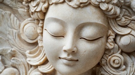 Close-up of a serene stone sculpture depicting inner peace and spiritual awakening, with intricate details and soft lighting.