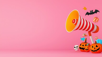 Colorful Halloween themed background featuring a megaphone with pumpkins, bats, and decorative elements on a pink backdrop.