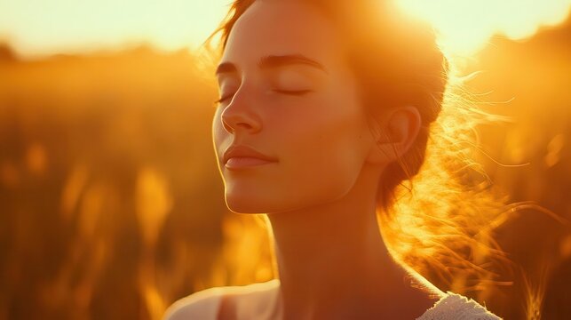 ethereal portrait backlit woman with closed eyes in sundrenched field golden hour glow creates dreamlike atmosphere serene expression conveys inner peace and freedom