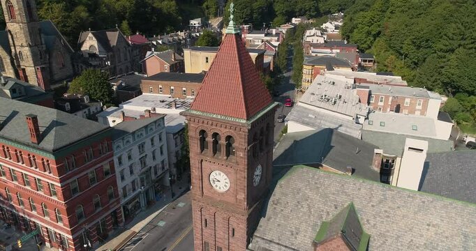Drone Shot of Clock Tower in Pocono Mountains, Jim Thorpe Pennsylvania
