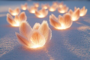 Floating lanterns with glowing flames on water's surface at night