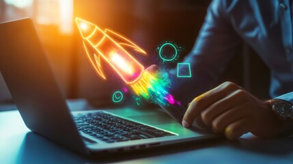 Obraz premium Businessman launching a glowing rocket made of creative ideas from a laptop screen, digital innovation, launching a creative business concept