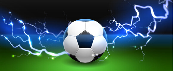 Fototapeta premium World Soccer ball lightning. Football match green stadium field with thunderstorm. Sport team game competition invitation banner background. Championship and tournament. Vector concept