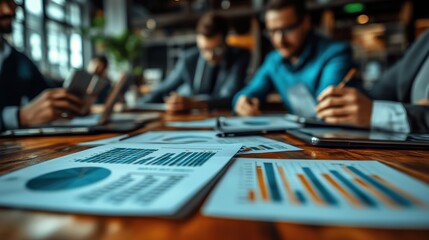 Teamwork concept, a group of business people meeting to analyze and discuss and brainstorm financial report chart data in a financial advisory office. vertical picture