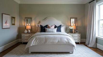 Serene Bedroom with Sage Green Walls and White Accents with Peach Walls and Natural Light