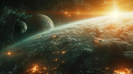 Fototapeta premium A Distant Planet with a Bright Star and a Smaller Moon in Space