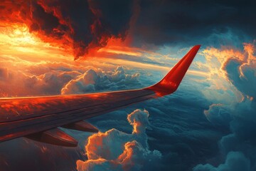 Fototapeta premium A stunning view from an airplane window. The wing cuts through vibrant clouds. Dramatic sunset colors fill the sky, creating a sense of adventure and freedom. Generative AI