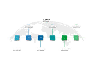 Business creative design linear infographic template. Timeline process with 6 options, arrows, boxs and marketing icons. Vector illustration.