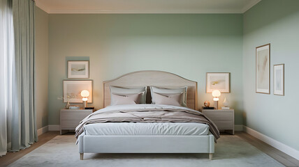 Serene Bedroom with Sage Green Walls and White Accents with Peach Walls and Natural Light