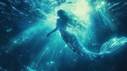 Fototapeta premium ethereal underwater scene with luminescent mermaid shimmering scales flowing hair and dappled sunlight create magical otherworldly atmosphere