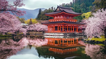 Fototapeta premium Traditional Japanese temple surrounded by cherry blossom trees. Japanese temple wallpaper