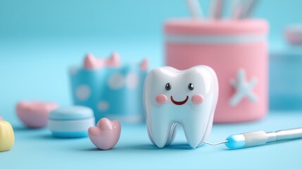 Happy Tooth with Dental Tools and Heart on Blue Background