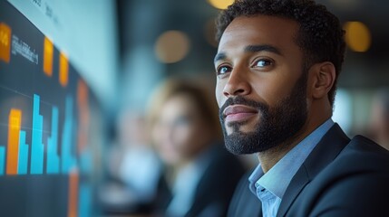 Fototapeta premium Business people reviewing data on projection screen in office meeting