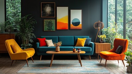 46. A mid-century modern living room with sleek furniture, vintage decor, and a bold color palette, creating a timeless retro aesthetic