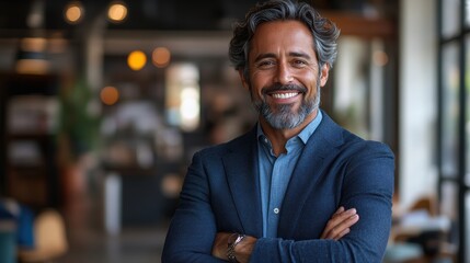 Handsome hispanic senior business man with crossed arms smiling at camera. Indian or latin confident mature good looking middle age leader male businessman on blur office background with copy space.