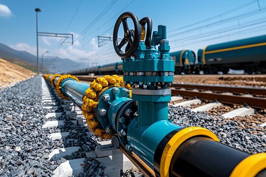 A gas pipeline running parallel to a train track, illustrating the connection between transportation and energy infrastructure