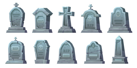 Stone tombstones. Ancient halloween cemetery gravestones and grave crosses, cartoon crypts, memorials with rip signatures, spooky mystery monument, funeral tidy vector isolated mausoleum set © YummyBuum