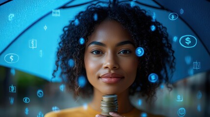 Close up of african american woman hand holding blue umbrella over stack of coins on table. Hands of financial advisor saving money. Businesswoman protect saving and money with copy space.