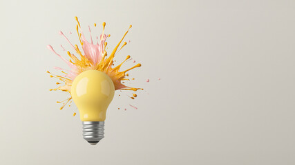 Creative yellow light bulb explosion with yellow splash on a gray background, creativity idea. Light bulb and paint, concept. Think different, generative ai