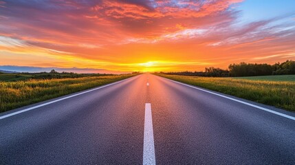 Naklejka premium expansive asphalt road stretches towards the horizon bathed in the warm glow of twilight stunning sky ablaze with vibrant hues creates a breathtaking panorama