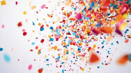 explosive burst of colorful confetti frozen in midair against a crisp white background capturing a moment of joyous celebration and festive energy
