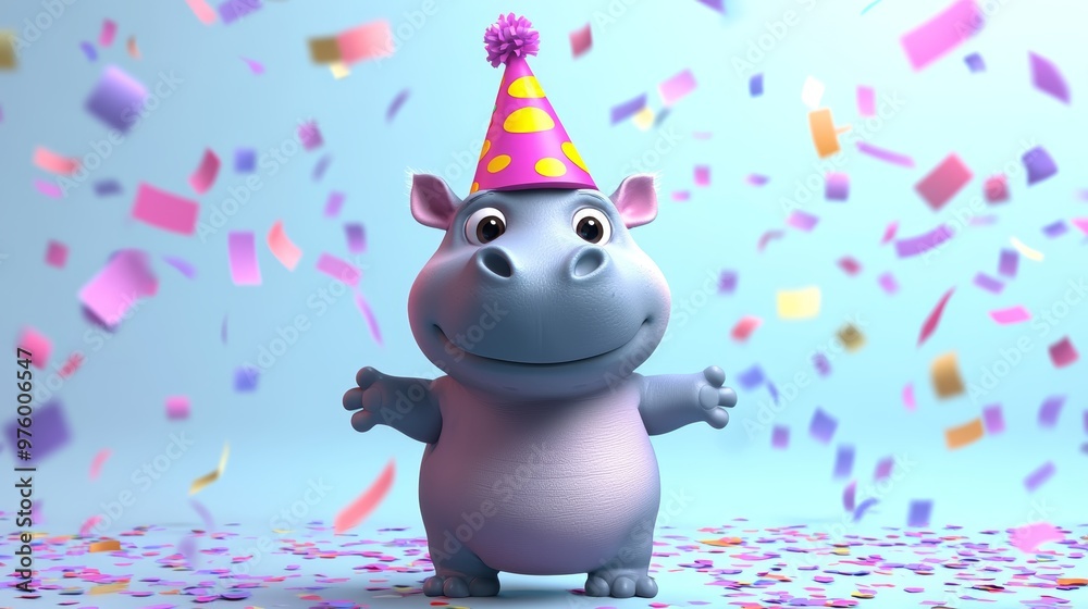 Sticker a cheerful cartoon hippo in a party hat joyfully celebrates amidst a colorful shower of confetti.