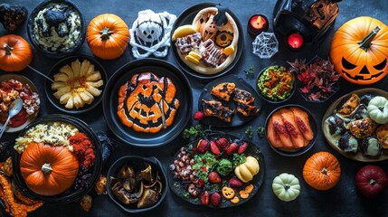 Festive Halloween Brunch, a vibrant table setting filled with creatively designed spooky-themed dishes, seasonal decorations, and an inviting atmosphere for celebration