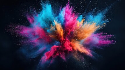 explosive burst of vibrant powder in midair against black background freezeframe capturing billowing clouds of intense colors creating abstract patterns and textures