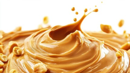 explosive peanut butter swirl golden droplets suspended midair crunchy peanut pieces scatter dramatically rich textures creamy highlights appetizing food photography on white