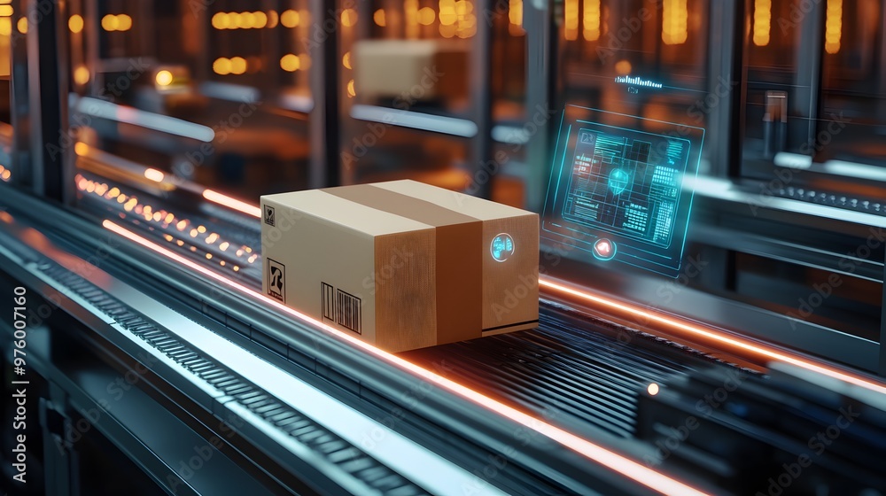 Poster automated shipping box moving on a futuristic conveyor belt with a digital interface displaying data