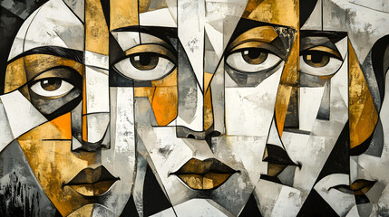abstract illustration woman human emotions expression fragmented faces colorful art painting geometric shapes contrasting depth complexity modern artistic sadness depression illusion mental health