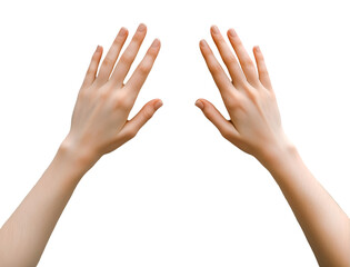 Two hands raised with palms open and fingers extended, Cutout, Isolated on White Background