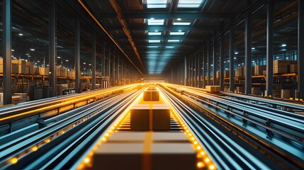 Fototapeta premium A photograph of an advanced warehouse facility showcasing an efficient and automated logistics infrastructure. The image depicts a vast.