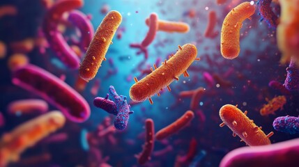 Naklejka premium Colorful depiction of bacteria in a microscopic view, showcasing their diverse shapes and vibrant colors in a dynamic environment.