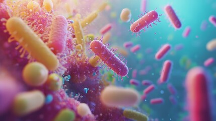 Fototapeta premium Colorful microscopic view of bacteria in vibrant hues, showcasing the beauty and complexity of microbial life in a dynamic setting.