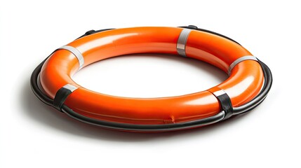 A bright orange life preserver ring with black straps, isolated on a white background.
