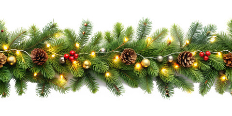 The image shows a festive Christmas garland of green pine branches without background, decorated with cones, red berries and golden balls. Small lights glow between the branches.