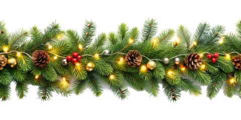 The image shows a festive Christmas garland of green pine branches without background, decorated with cones, red berries and golden balls. Small lights glow between the branches.