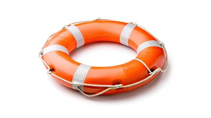 A bright orange lifebuoy or life preserver with white stripes and rope handles.
