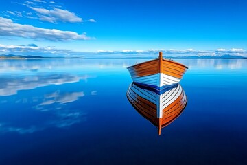 A lone boat on a still lake, its reflection perfectly mirrored in the water, creating a peaceful, symmetrical image