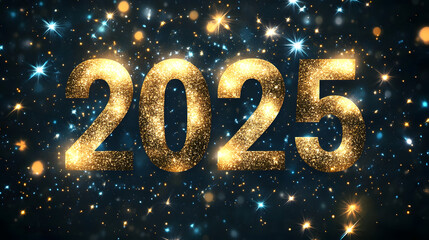 New Year Eve 2025 celebration gold golden 3D letter fireworks night sky, confetti, sparkling lights. Holiday festival illustration banner wallpaper backdrop banner dark blue black background