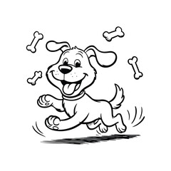 Cute Happy Dog Running with Bones – Cartoon Vector Illustration / Playful Dog Cartoon with Flying Bones – Fun Pet Illustration