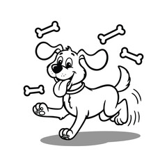 Cute Happy Dog Running with Bones – Cartoon Vector Illustration / Playful Dog Cartoon with Flying Bones – Fun Pet Illustration